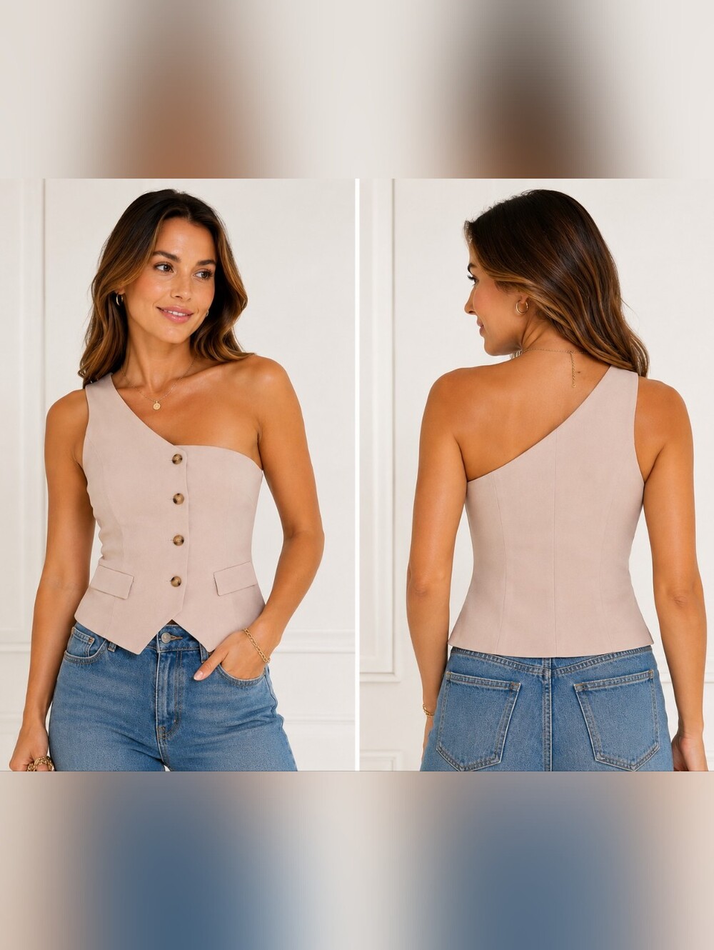 New Grey Lab One Shoulder Vest Top Beige Tailored Button Front Sleeveless Size L